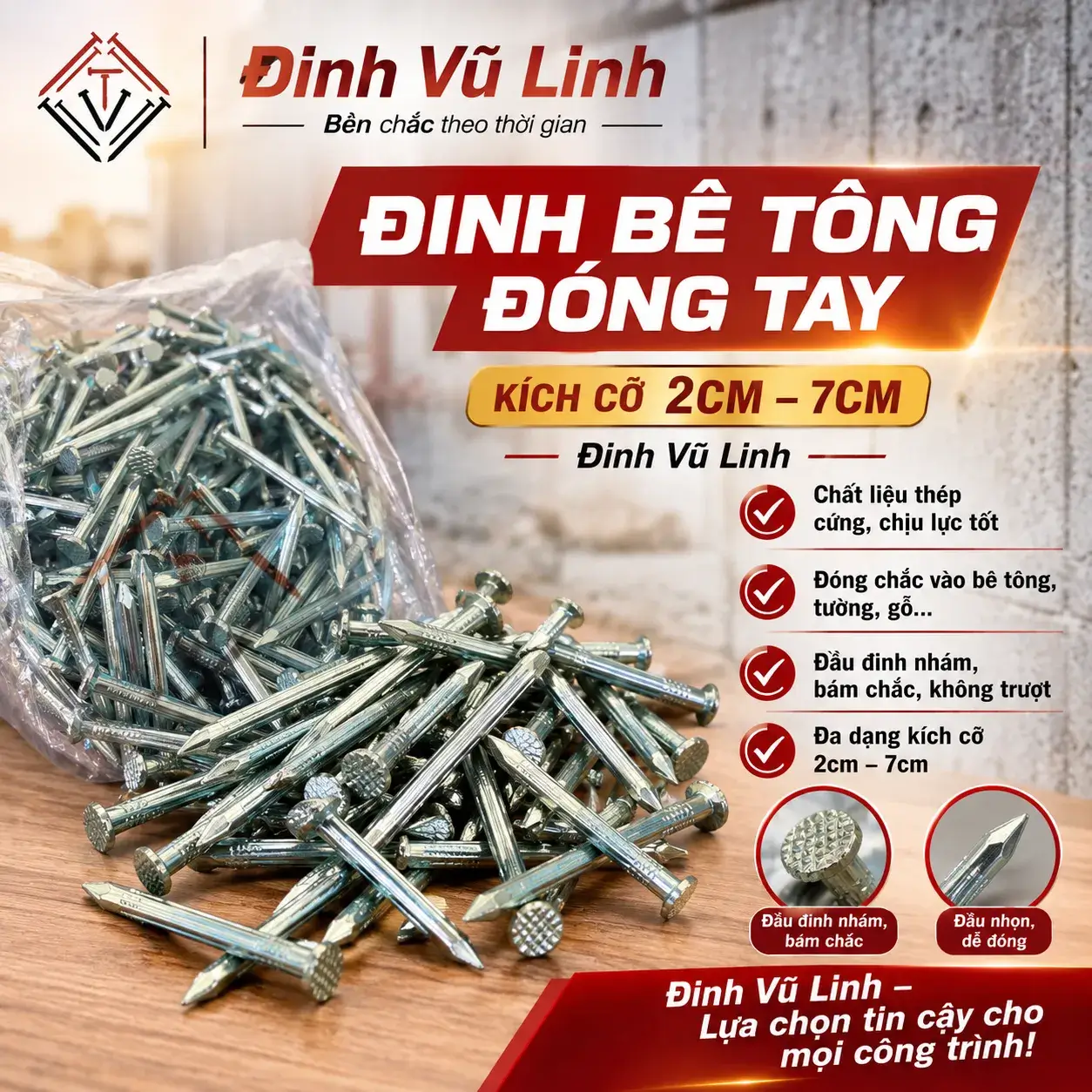 Đinh bê tông đóng tay các cỡ 2cm đến 7cm, đầu đinh nhám bám chắc, mũi nhọn dễ đóng — Đinh Vũ Linh