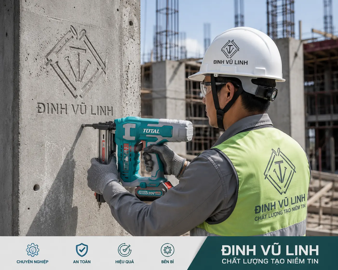 Thợ xây dựng sử dụng súng bắn đinh bê tông trên công trình